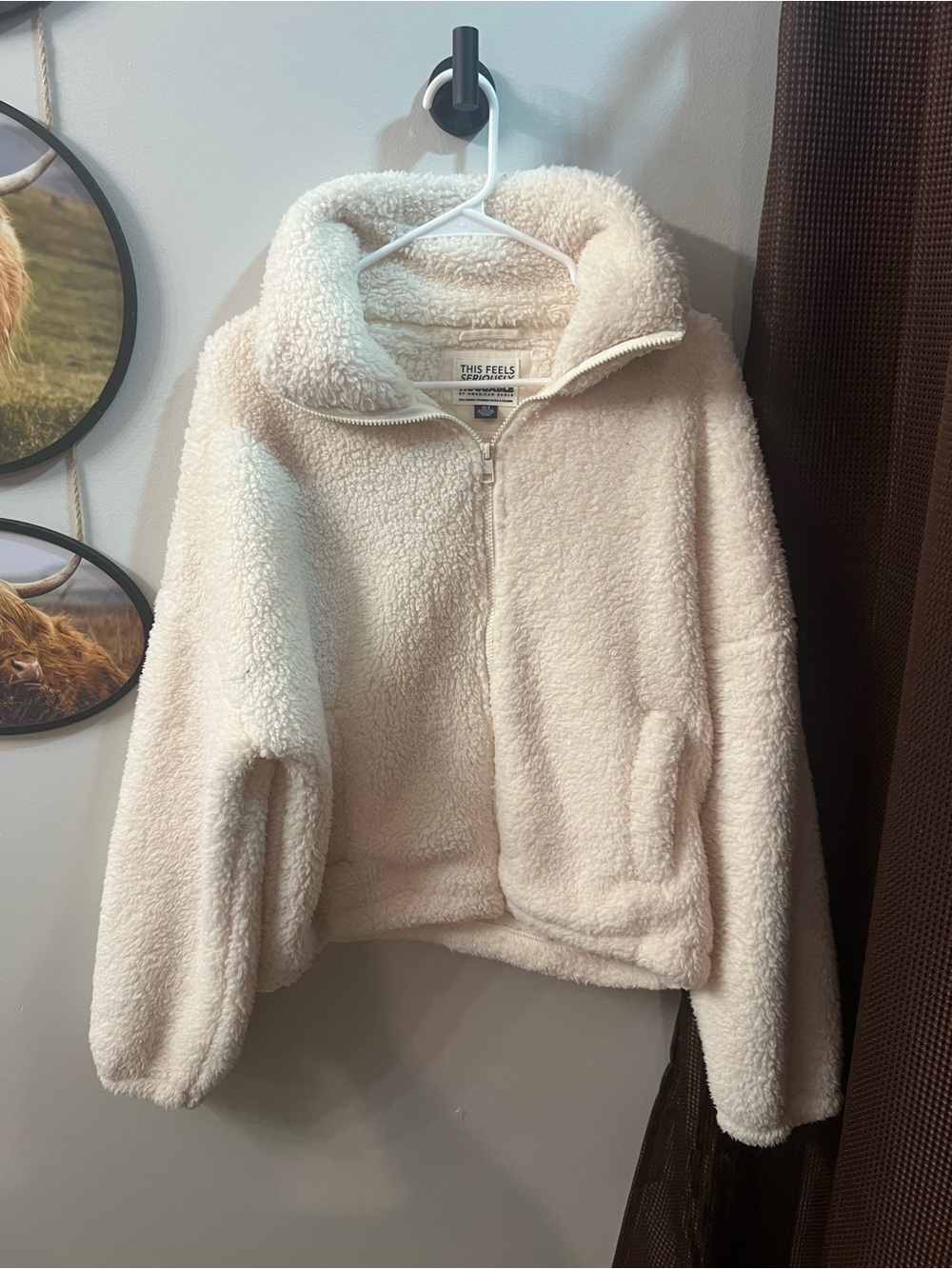 American Eagle Outfitters Cream Sherpa Zip-Up Jacket